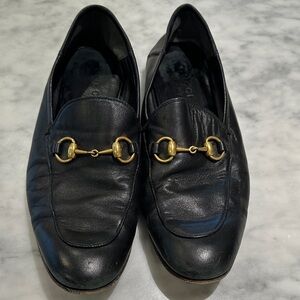 Gucci Men's Black Leather Slip-On Loafers with Gold Detail